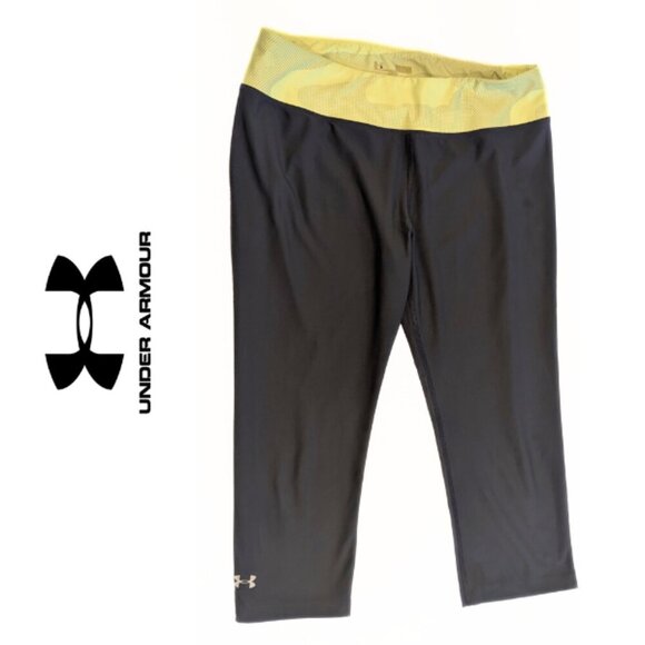 Under Armour Women's Medium Gray HeatGear Armour Capri Leggings Yellow Waistband - Picture 3 of 4